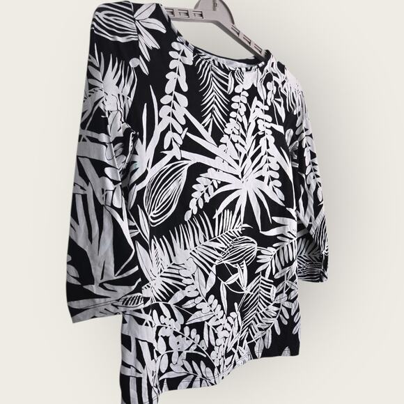 Talbots Petite Small Tee Black White Leaf Print Cotton Blend Long Sleeve Shirt - Picture 4 of 6